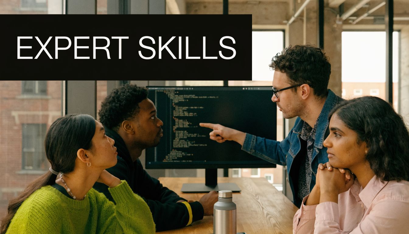 A diverse team of professionals collaboratively working together on software coding tasks in a modern office environment.
