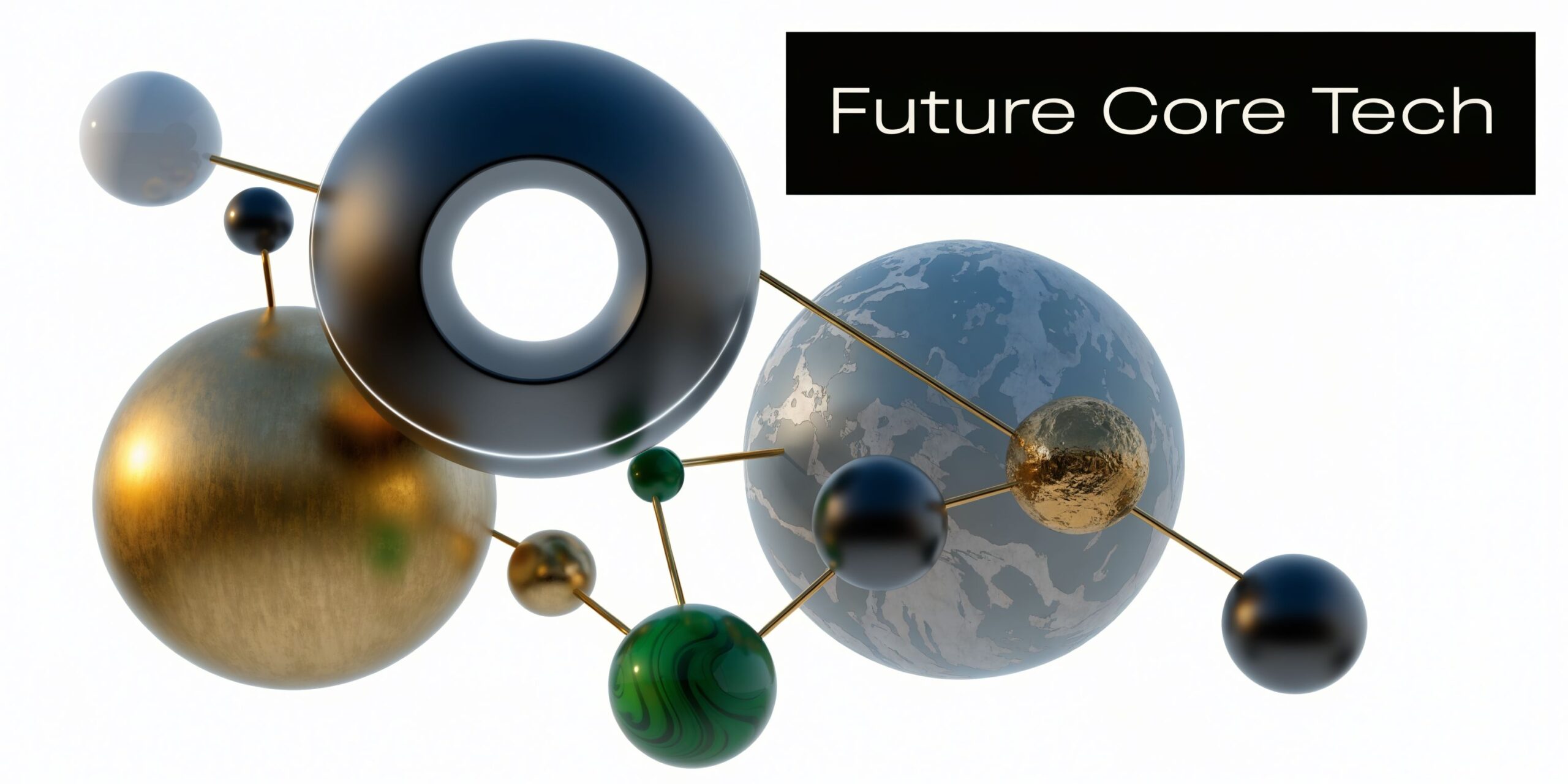 A 3D abstract composition featuring spheres and a torus interconnected by golden rods representing modern tech concepts.