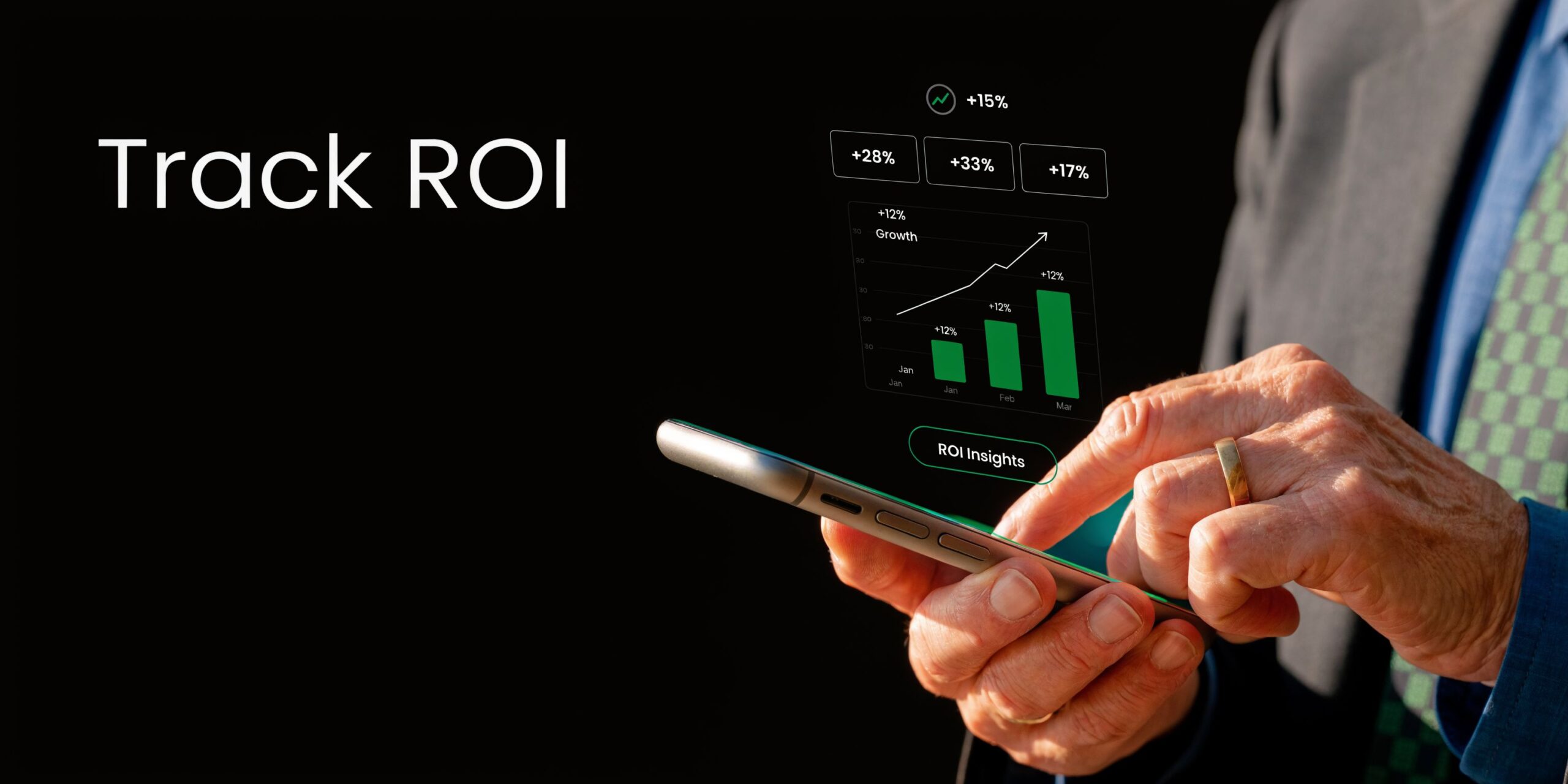 A close-up view of an elderly businessman using a smartphone to view digital financial growth charts.