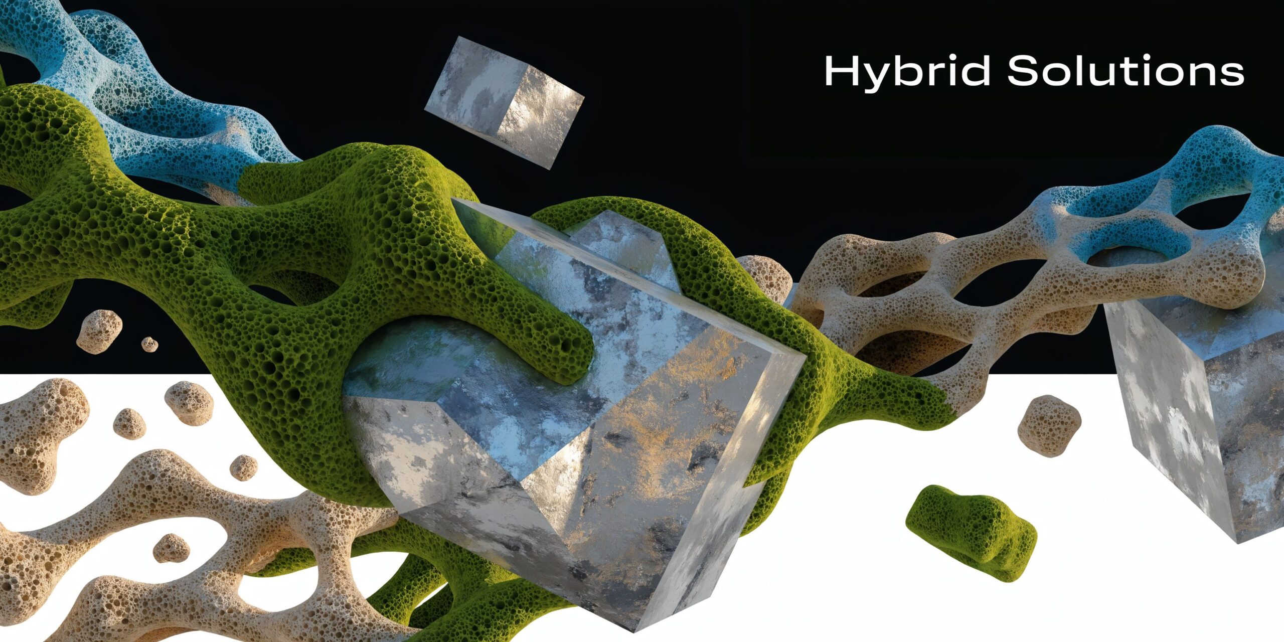 Abstract 3D render showcasing metallic cubes interconnected by organic, porous green and blue coral-like structures.