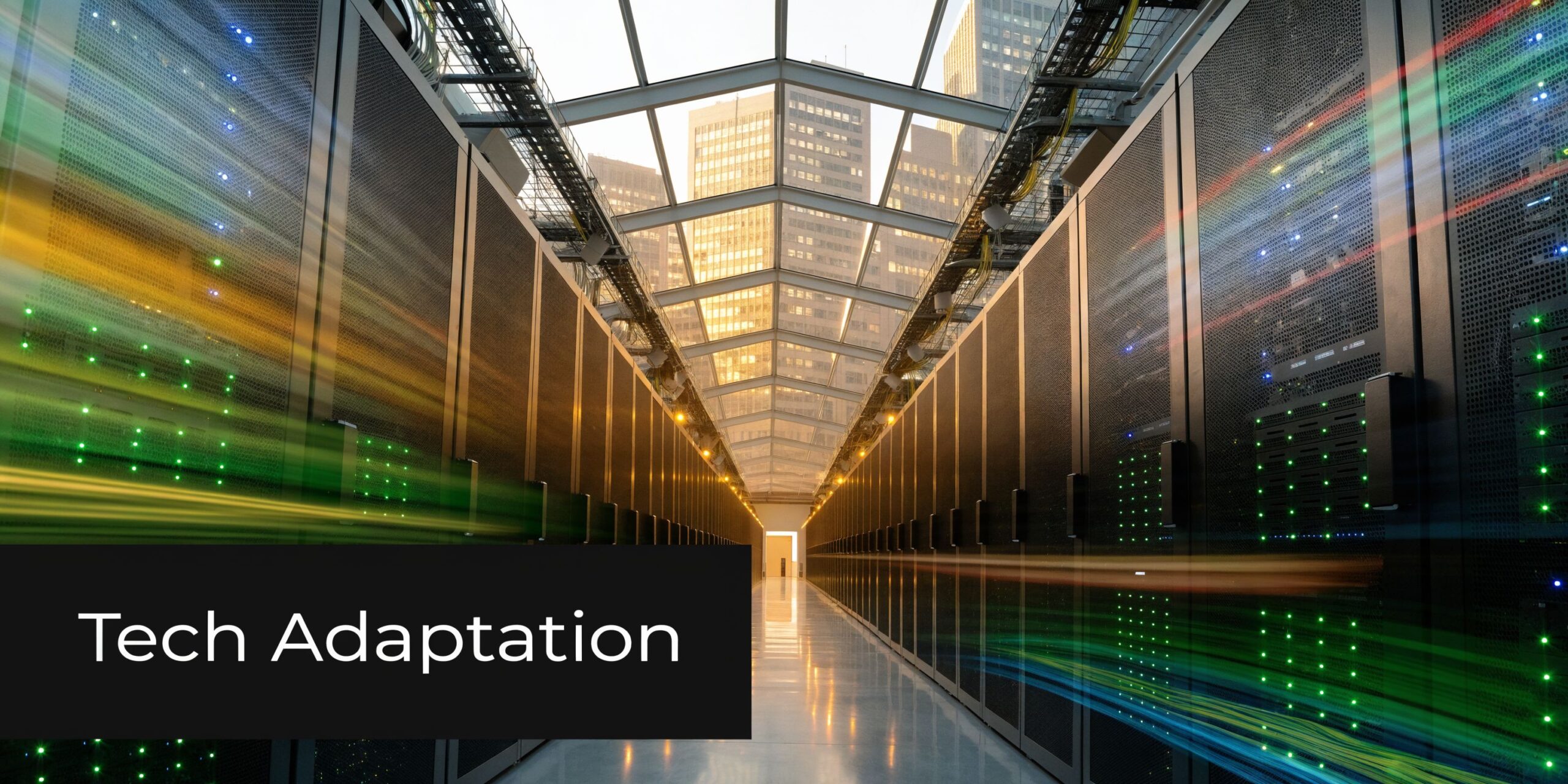 A modern data center server room with glowing light trails representing digital connectivity and technological advancement.