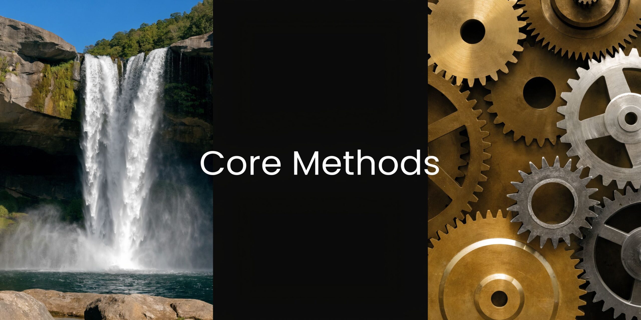 A split image showing a majestic waterfall on the left and mechanical gears on the right side.