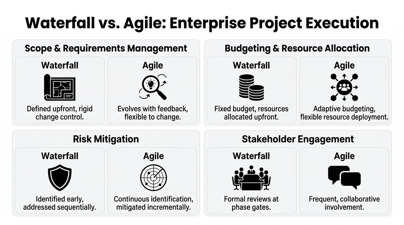 A comparison chart outlining differences between Waterfall and Agile methodologies across four key project execution areas.
