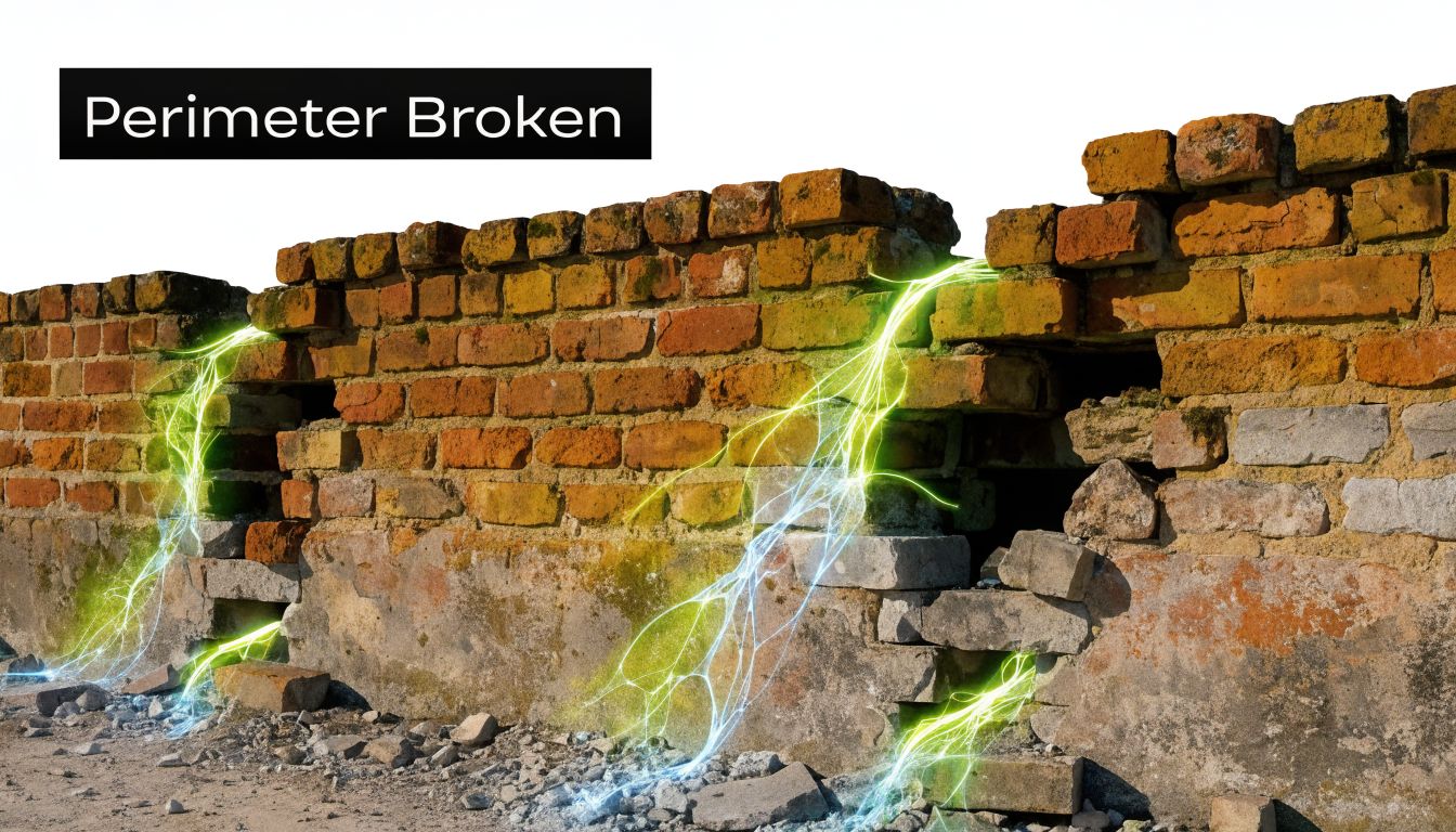 A conceptual image showing a broken brick wall with digital energy pulses representing a network security breach.