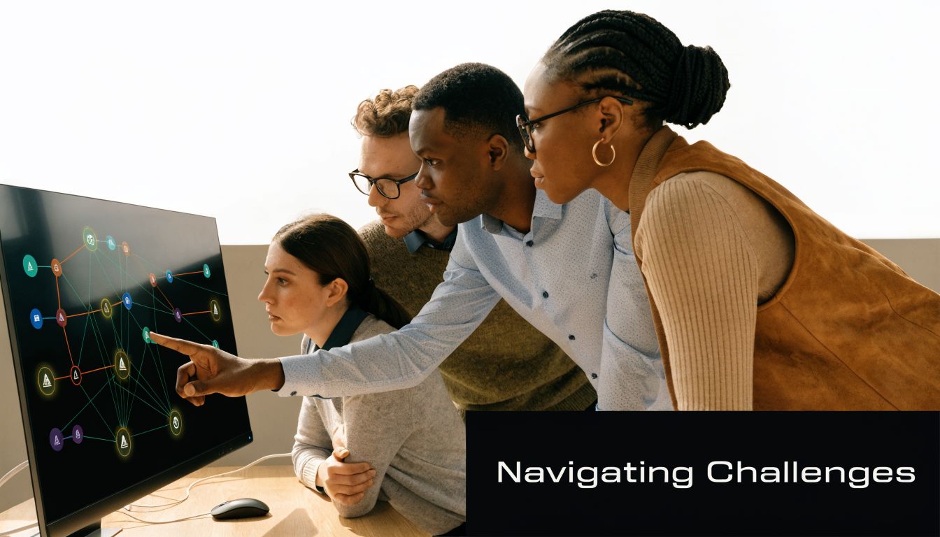 A diverse team of professionals collaboratively analyzing complex network security data on a computer monitor.